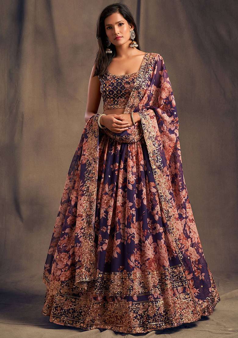 Purple Embroidered Organza Lehenga Set - Indya