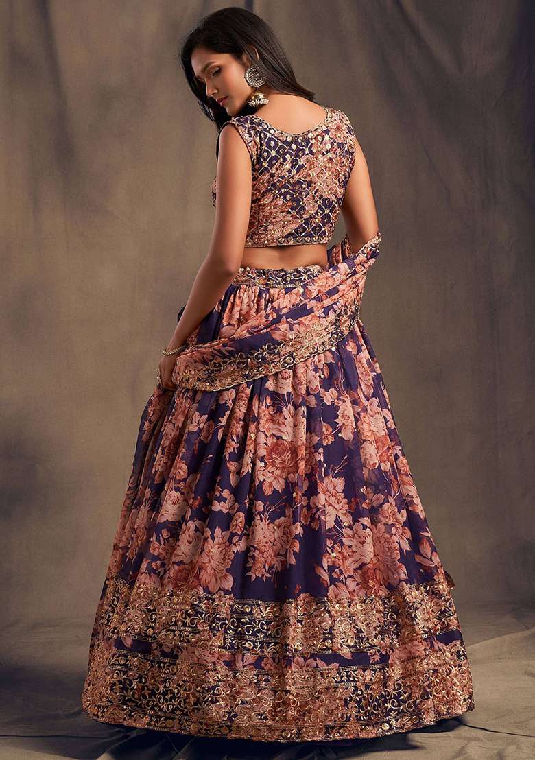 Purple Embroidered Organza Lehenga Set - Indya