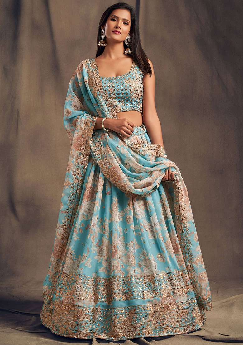 Sky Blue Embroidered Organza Lehenga Set - Indya