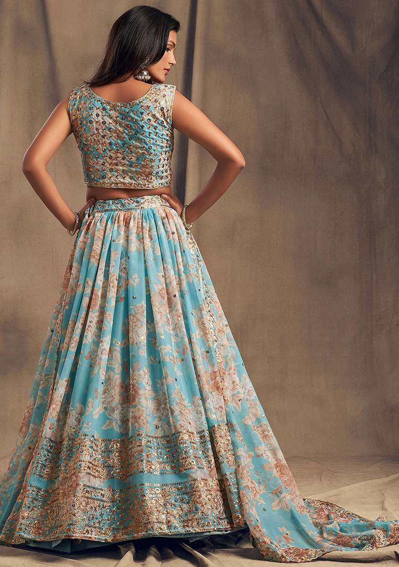 Sky Blue Embroidered Organza Lehenga Set - Indya