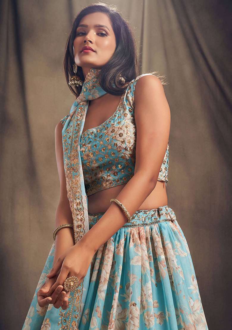 Sky Blue Embroidered Organza Lehenga Set - Indya
