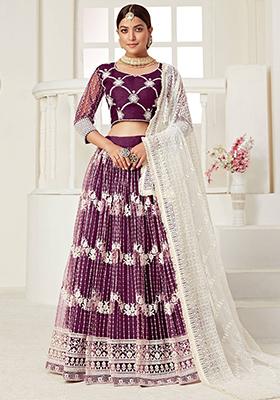 Wine Embroidered Net Lehenga Set