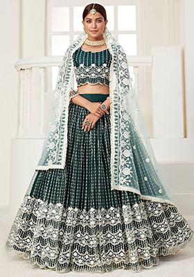 Green Embroidered Net Lehenga Set