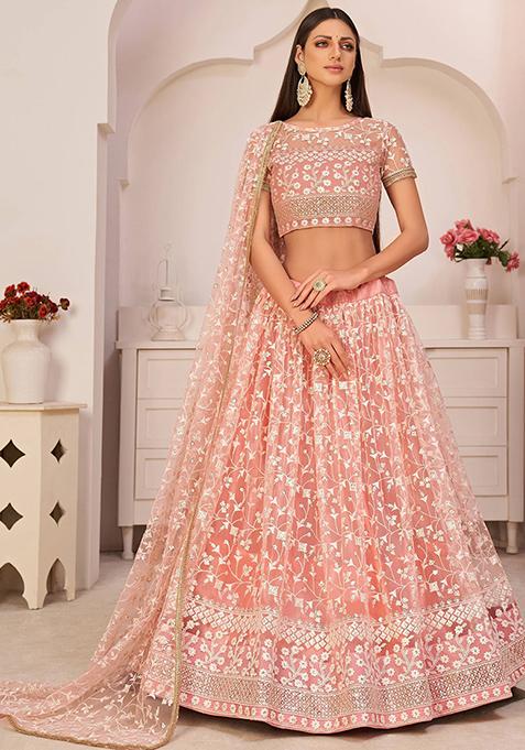 Light Pink Thread Work Net Lehenga Set