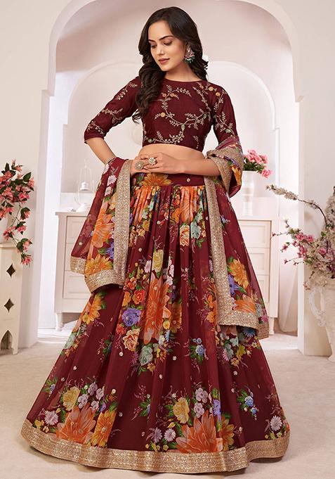 Marun georgette lehenga set main image 1