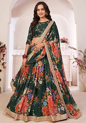 Green Digital Print Georgette Lehenga Set