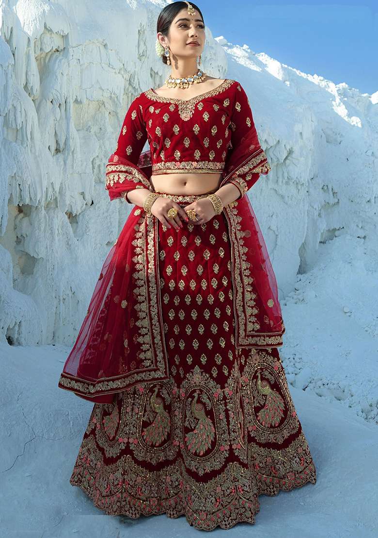Red Zari Embroidered Velvet Lehenga Set - Indya