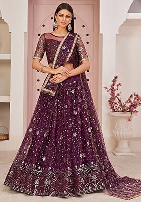 Wine Embroidered Net Lehenga Set