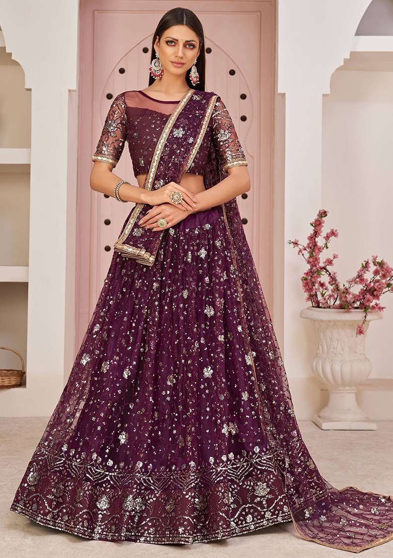 Wine Net Lehenga Set with Embroidered for Diwali | Wedding & Festive Wear - Indya