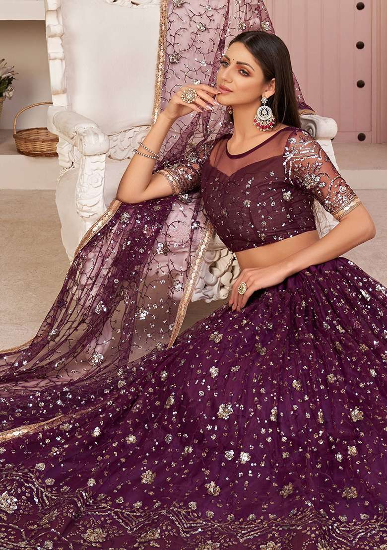 Wine Net Lehenga Set with Embroidered for Diwali | Wedding & Festive Wear - Indya