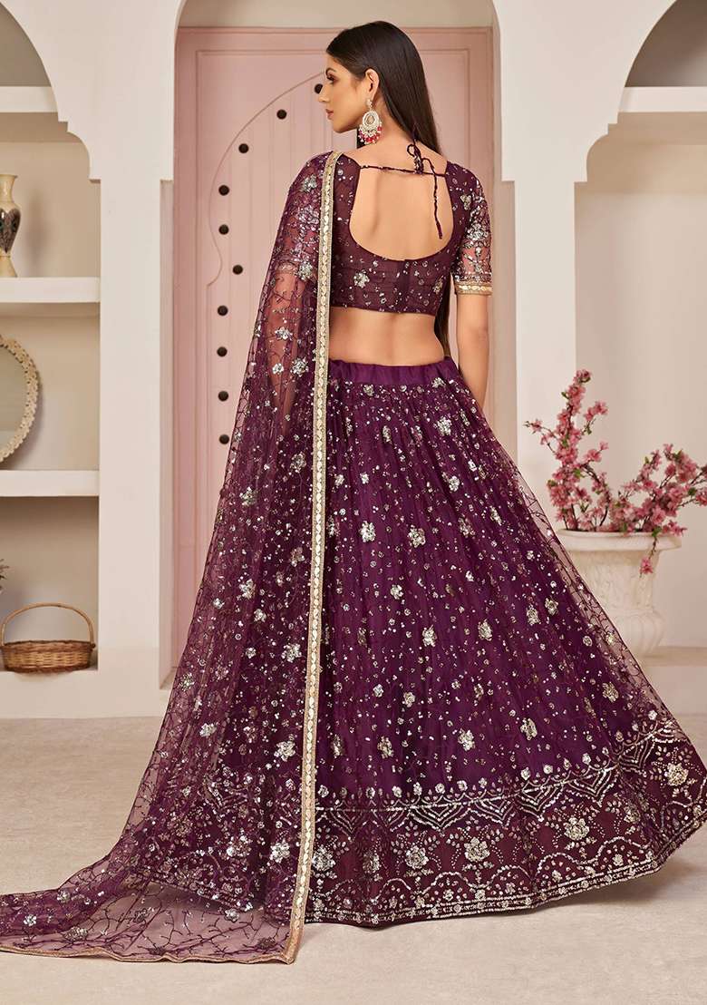 Wine Net Lehenga Set with Embroidered for Diwali | Wedding & Festive Wear - Indya