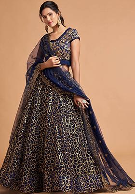 Navy Blue Embroidered Net Lehenga Set