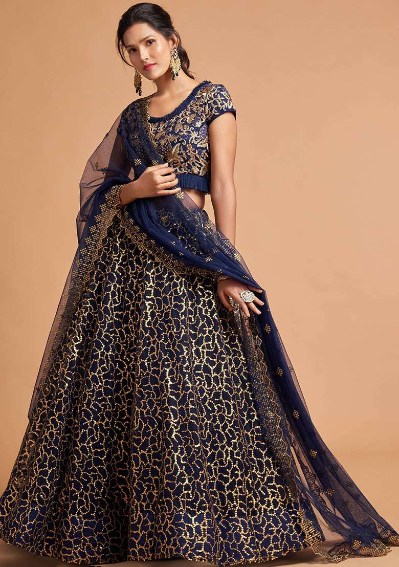 Navy Blue Embroidered Net Lehenga Set - Indya