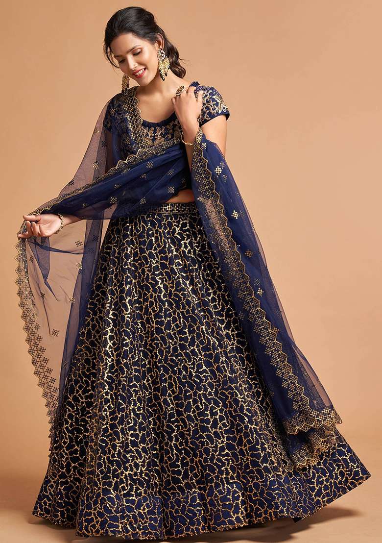 Navy Blue Embroidered Net Lehenga Set - Indya