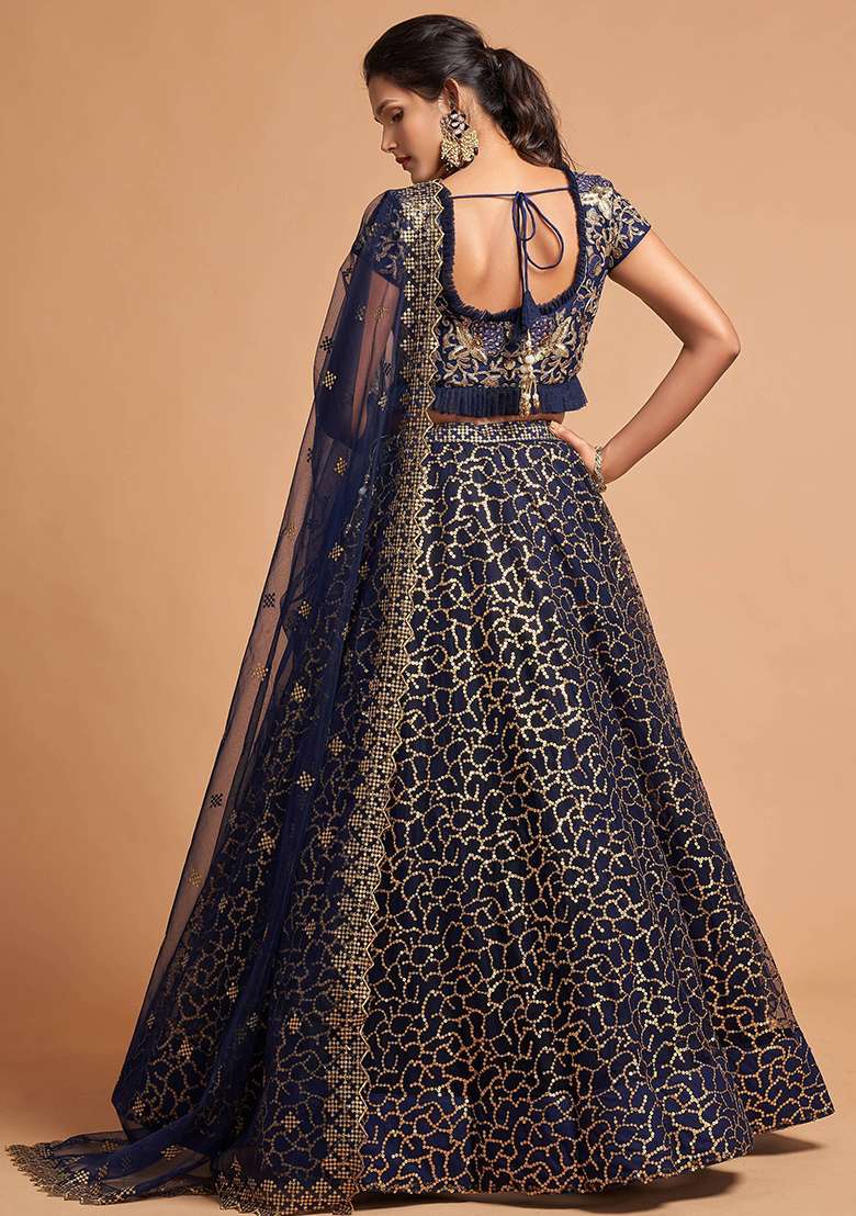 Navy Blue Embroidered Net Lehenga Set - Indya