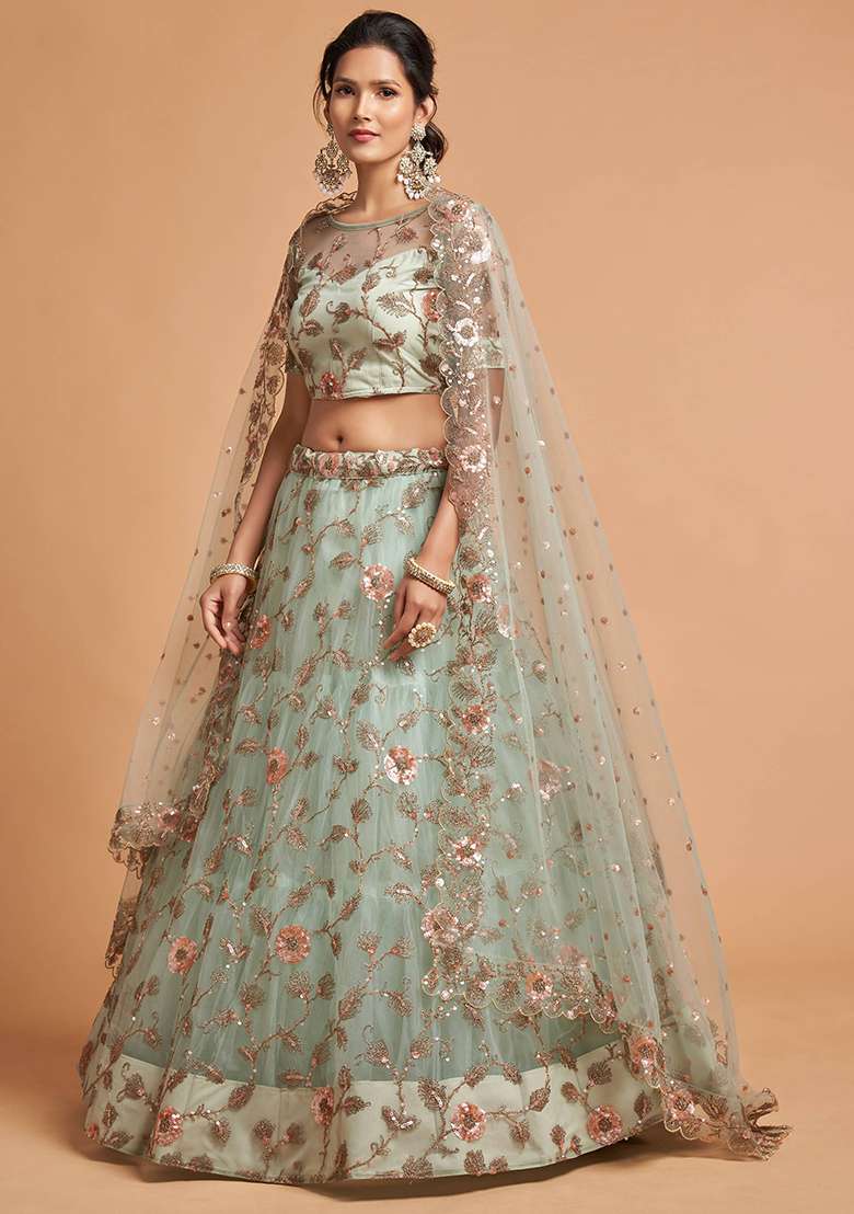 Pista Green Embroidered Net Lehenga Set - Indya