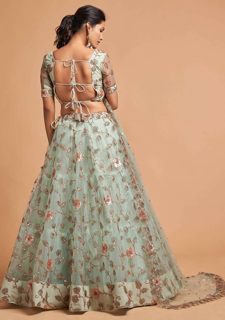 Pista Green Embroidered Net Lehenga Set - Indya