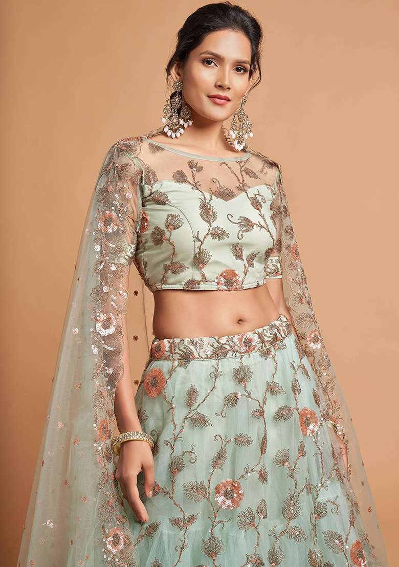 Pista Green Embroidered Net Lehenga Set - Indya