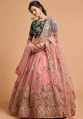 Peach Embroidered Net Lehenga Set