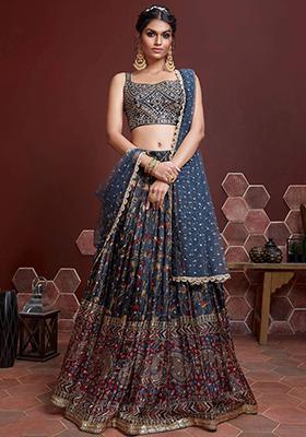 Blue Embroidered Chinon Silk Lehenga Set