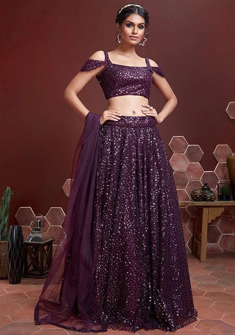 Purple Embroidered Net Lehenga Set