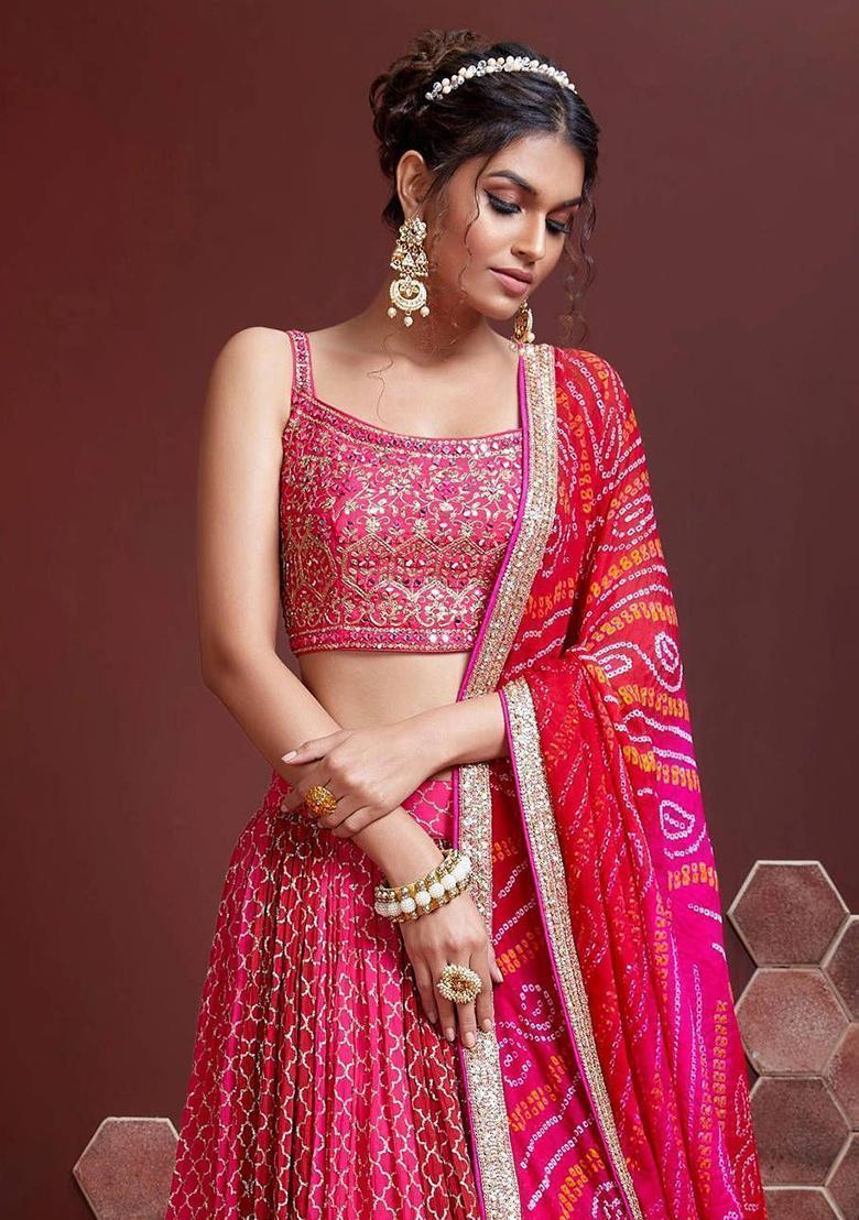 Pink Embroidered Chinon Silk Lehenga Set