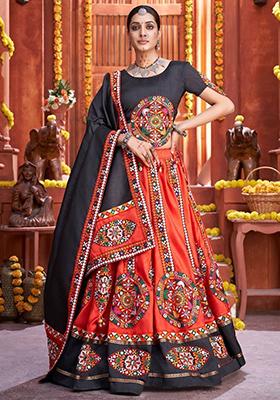 Red Gamthi Work Silk Lehenga Set