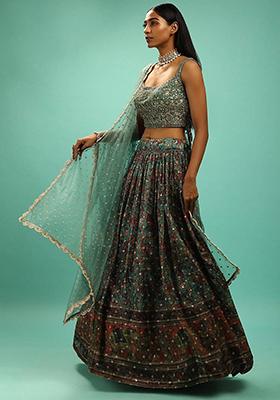 Green Digital Print Chinon Lehenga Set