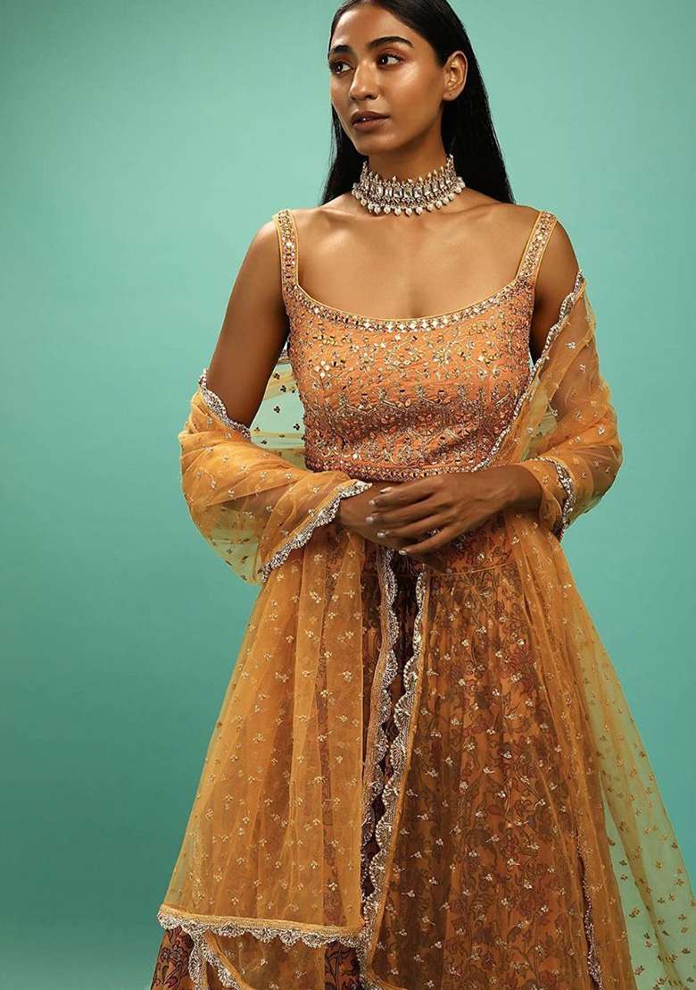 Yellow Digital Print Chinon Lehenga Set - Indya