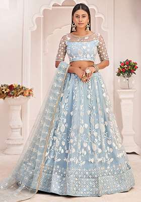 Light Sky Net Lehenga Set with Thread Work for Diwali | Wedding & Festive Wear