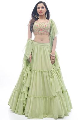 Pastel Green Embroidered Georgette Lehenga Set