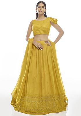 Mustard Yellow Embroidered Georgette Lehenga Set
