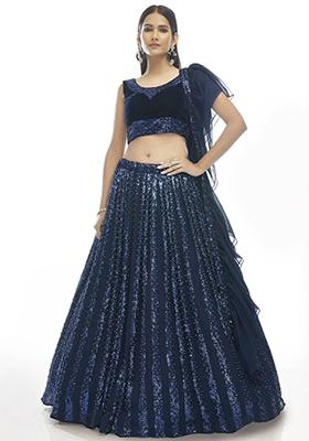 Navy Blue Embroidered Velvet Lehenga Set