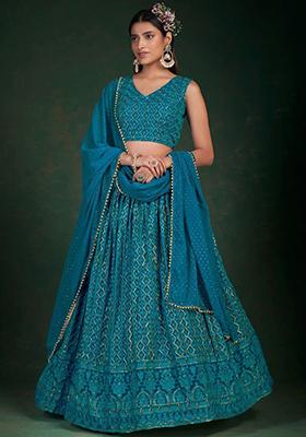 Teal Blue Embroidered Georgette Lehenga Set