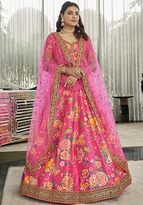 Deep Pink Floral Print Art Silk Lehenga Set