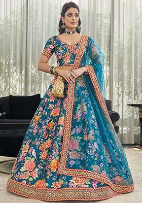 Teal Blue Floral Print Art Silk Lehenga Set