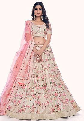 Off White Embroidered Net Lehenga Set