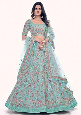 Sea Green Embroidered Net Lehenga Set
