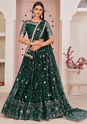 Bottle Green Embroidered Net Lehenga Set
