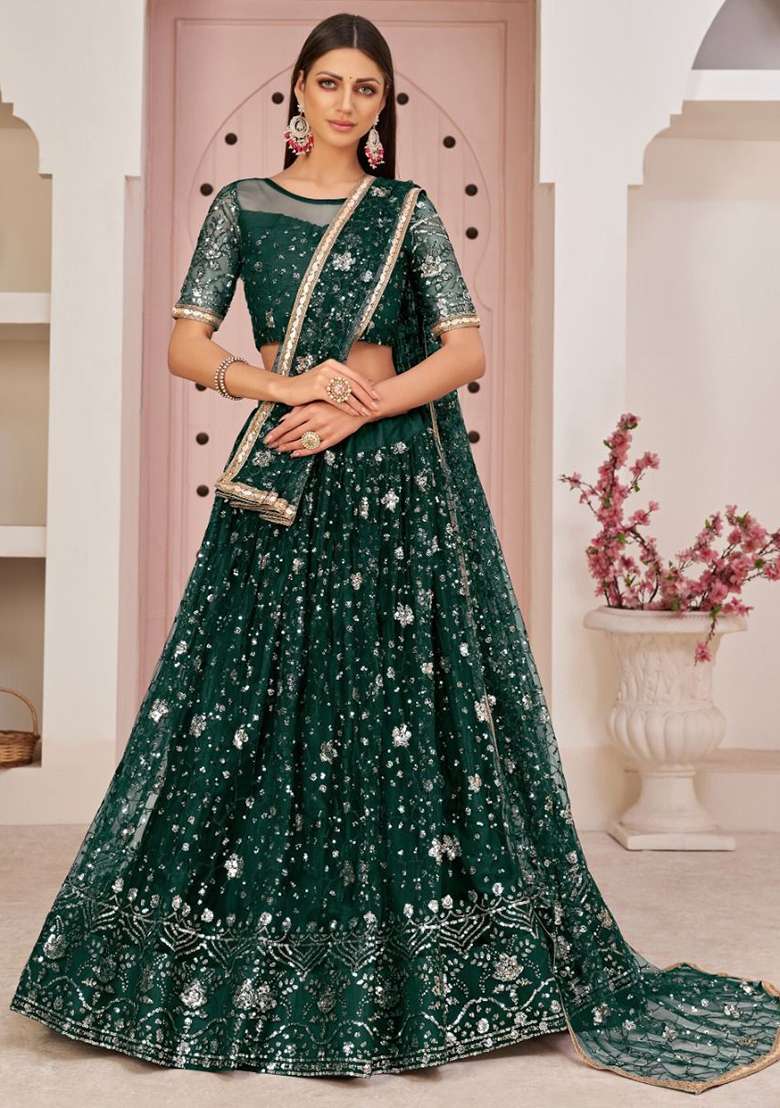 Bottle Green Embroidered Net Lehenga Set for Diwali and Festive Wear - Indya