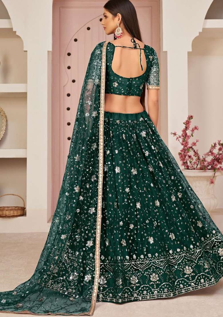 Bottle Green Embroidered Net Lehenga Set for Diwali and Festive Wear - Indya