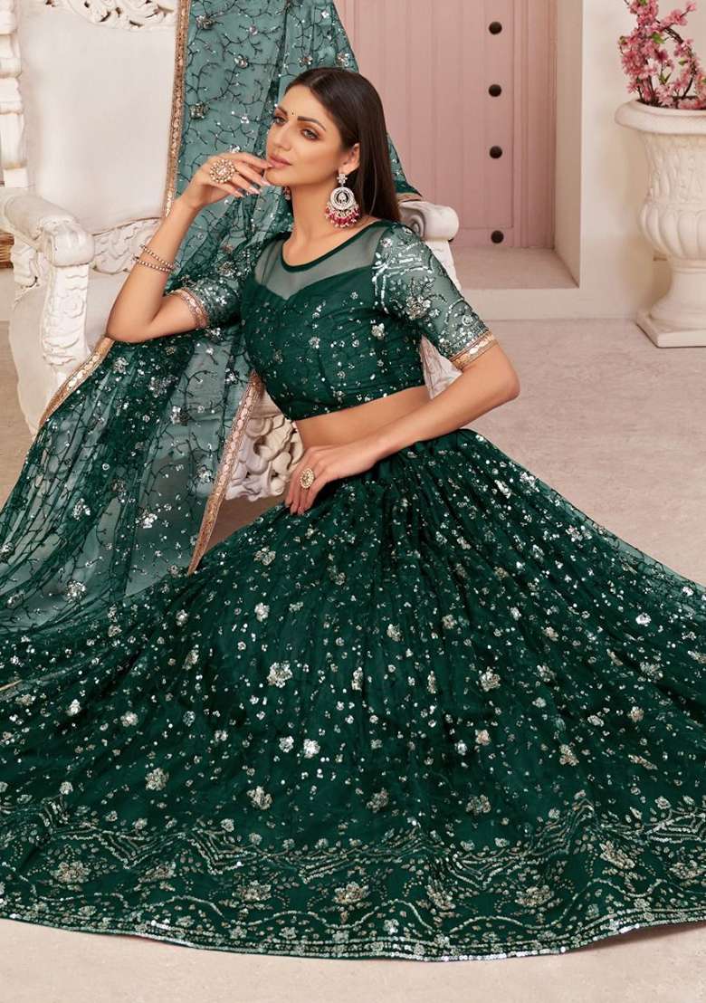Bottle Green Embroidered Net Lehenga Set for Diwali and Festive Wear - Indya