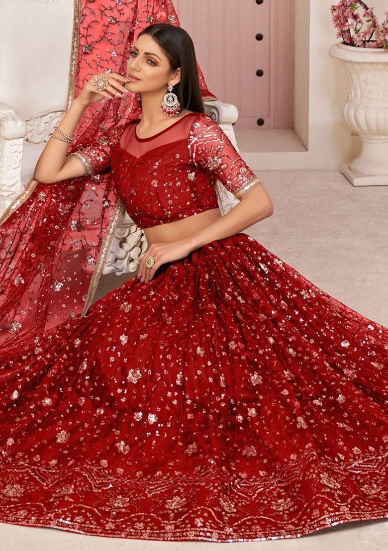 Red Embroidered Net Lehenga Set for Diwali and Festive Wear - Indya