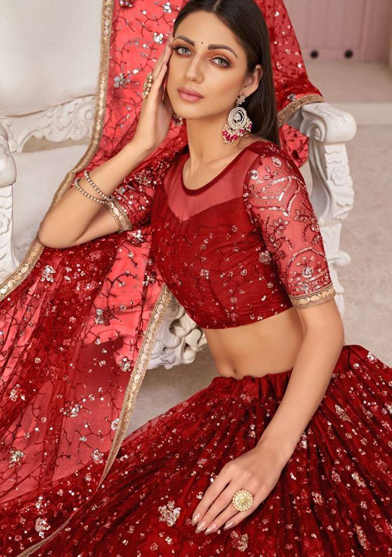 Red Embroidered Net Lehenga Set for Diwali and Festive Wear - Indya