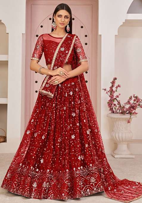 Red Embroidered Net Lehenga Set for Diwali and Festive Wear