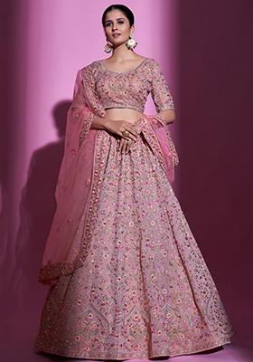 Peach Embroidered Georgette Lehenga Set