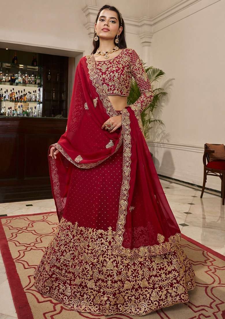 Red Embroidered Georgette Lehenga Set for Diwali and Festive Wear - Indya
