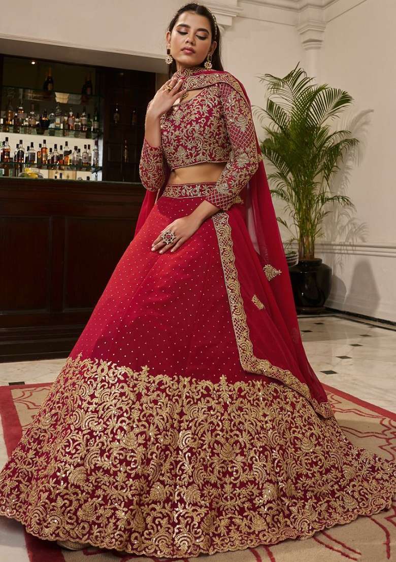 Red Embroidered Georgette Lehenga Set for Diwali and Festive Wear - Indya