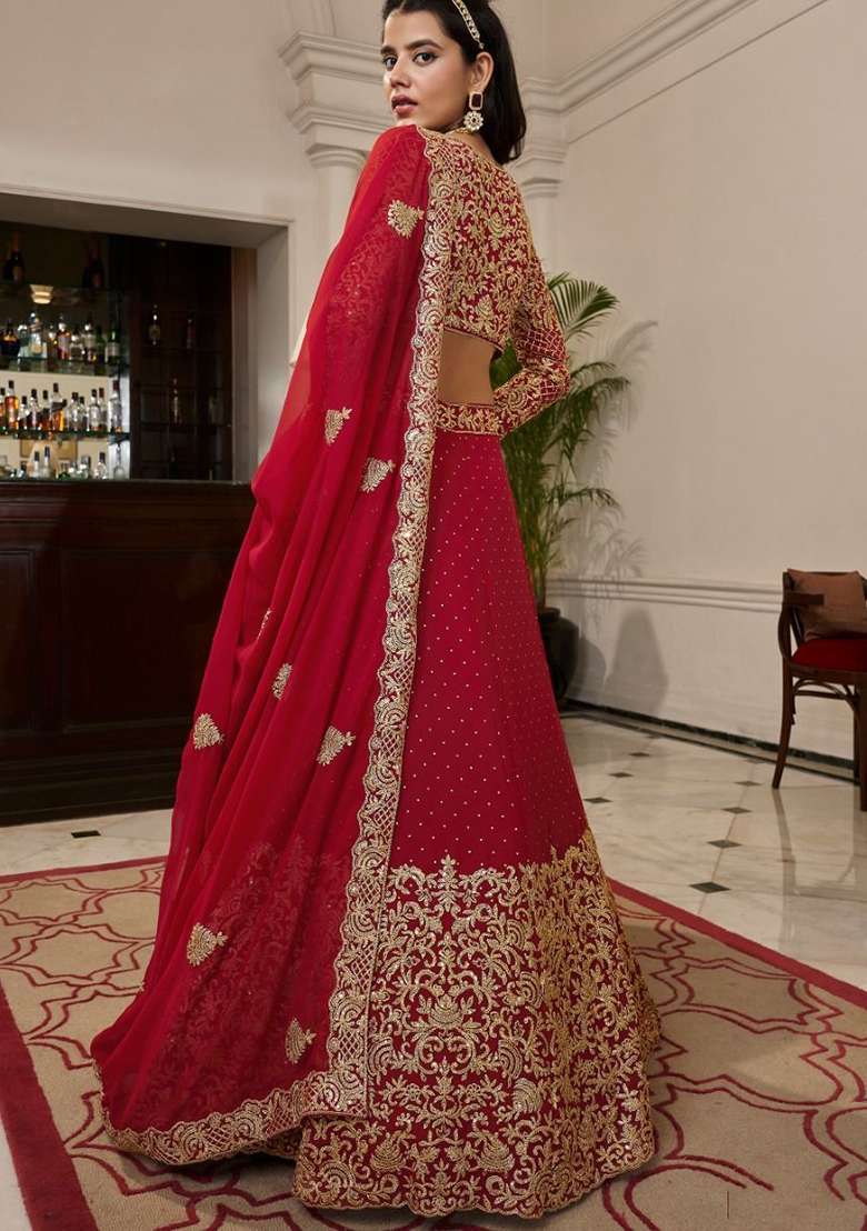 Red Embroidered Georgette Lehenga Set for Diwali and Festive Wear - Indya