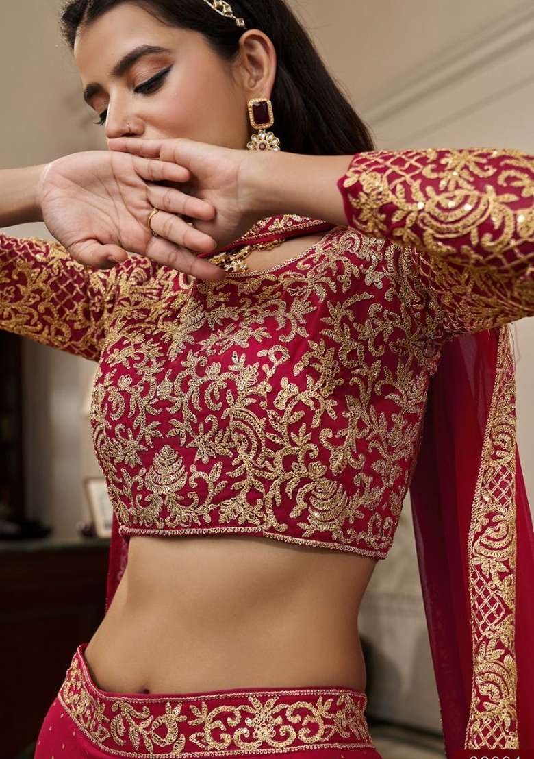 Red Embroidered Georgette Lehenga Set for Diwali and Festive Wear - Indya